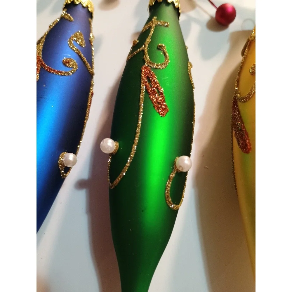 Vintage Christmas 4 Oblong Ornaments In Jewel Tones Glittered‎ Pearls
